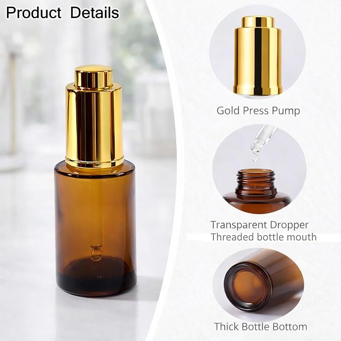 4Packs 30ml/1Oz Amber Glass Pump Dropper Bottles Refillable Skincare Serum Containers with Gold Press Pump Glass DropperPump For Essential Oils, Face Serum, Cosmetics, DIY Beauty, Travel