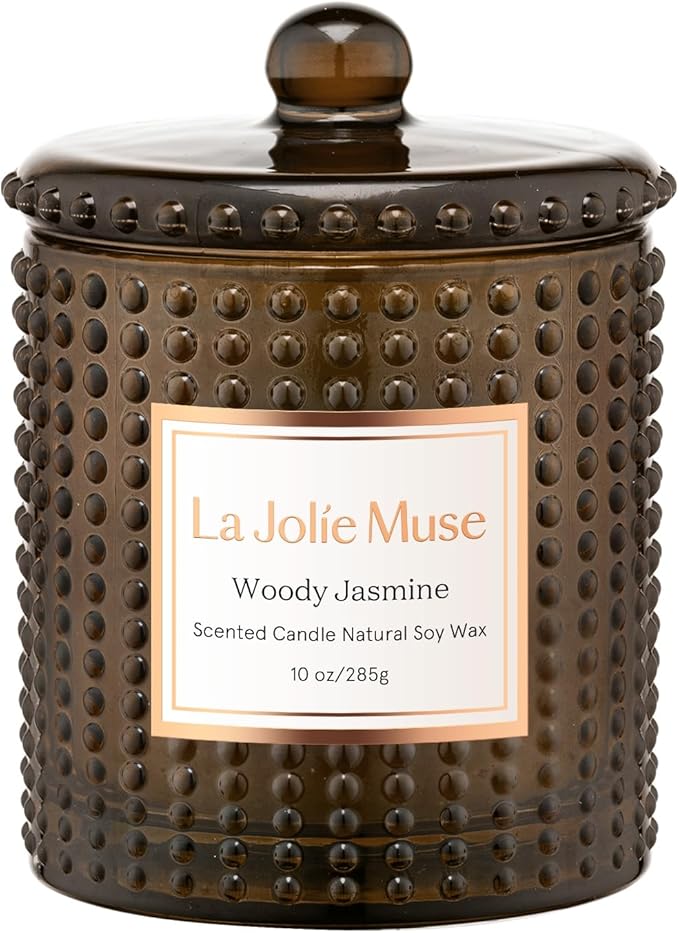 LA JOLIE MUSE Woody Jasmine Candles for Home Scented, Non Toxic Natural Soy, Luxury Candles Gifts for Women, Natural Soy Wax, 75 Hours, 10 OZ