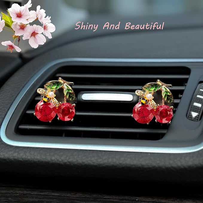 ORIESSE Cherry Car Decor,2pcs Bee Leaf Cherry Car Air Freshener Vent Clips,Cute Retro Sweet Themed DashBoard Decoration Accessories for Women Teens,Refillable Aroma Diffuser