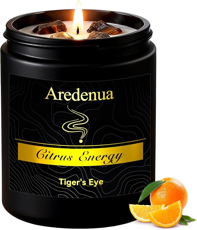 Crystal Candle with Tiger Eye Healing Crystals, Citrus Aromatherapy Candle for Confidence, Natural Soy Wax Scented Candle with Real Gemstone, 7oz Long Burning, Motivational Chakra Gift