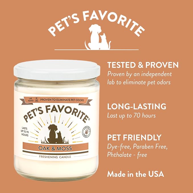 Pet's Favorite Pet Odor Candle, Clean Burning, Long Lasting Oak Scented Candle with a Natural Fiber Wick and 70 Hour Burn Time, Oak and Moss - Pack of 2