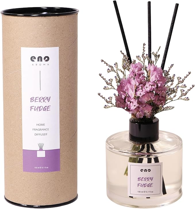 Reed Diffuser Set with Dried Flowers, 5.1 fl oz / 150ml, Berry Fudge - Home Fragrance Diffuser with Sticks for Bathroom Shelf Decor, Bedroom, Office & Gift