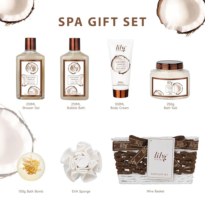 Coconut Vanilla Spa Gifts Bath Kit, 7Pcs Moisturizing Gift Set for Women Men