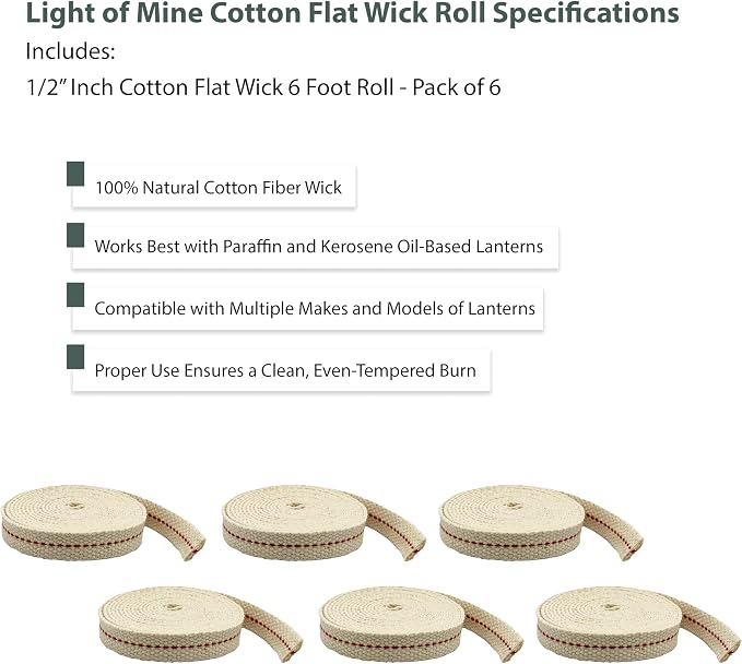 Light of Mine - 1/2" Inch 6' Foot, 100% Cotton Flat Wick - 6 Pack, for Paraffin Oil, Kerosene Based Lanterns, and Oil Lamps with Genuine Red Stitch (1/2" - 6' Roll, 6 Pack)