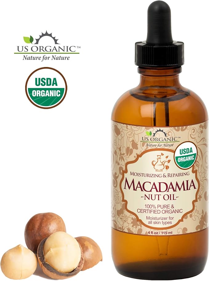 US Organic Macadamia Nut Oil Unrefined Virgin, Certified Organic, Pure & Natural, Cold Pressed, Sourced in Kenya, in Amber Glass Bottle w/Glass Eye dropper for Easy Application (4 oz (Large))