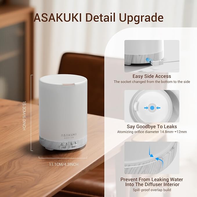ASAKUKI Essential Oil Diffuser for Home, 300 ml Humidifier with Automatic Shut-Off, Quiet Aromatherapy Diffuser with 7 LED Lights for Living Room, Kitchen, Bedroom, Hotel - White Wood