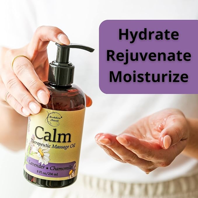 Calm Massage Oil for Massage Therapy with Lavender & Chamomile Essential Oils to Relax Sore Muscles | All Natural with Coconut, Grapeseed & Jojoba for Smooth Skin | Brookethorne Naturals 8oz