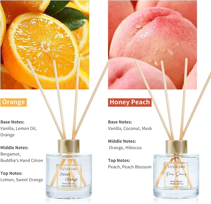 200ml Scent Diffuser with 6 Fiber Sticks, 6.76 oz Reed Diffuser Set Aromatherapy Fragrance Diffusers Air Fresheners for Home Bedroom Bathroom (Orange Peach)