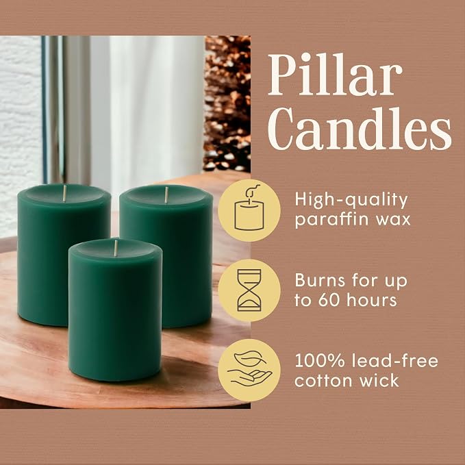 Mister Candle Dripless Unscented Green Pillar Candles, Set of 3 Hand Poured Solid Color Non-Scented Candles for Home Decor, Premium Wax, 60 Hr Burn Time - 3x4 Inch, Green