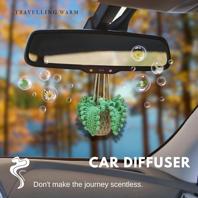 ROFIGL Handmade Crochet Hanging Car Air Freshener - Botanical Fern Leaf Design with 12ml Refillable Glass Essential Oil Bottle, Long-Lasting Car Diffuser & Nature-Inspired Decor