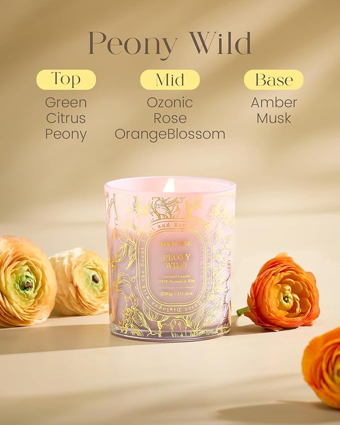 M&SENSE Wild Peony Soy Candle, Romantic Date Night 55H Long Burning Gift | Slow Burn Long Burning, Clean Soy Wax Cotton Wick, Romantic Dinner Rooms Ambiance, Spring Summer Floral, Reusable Matte Jar