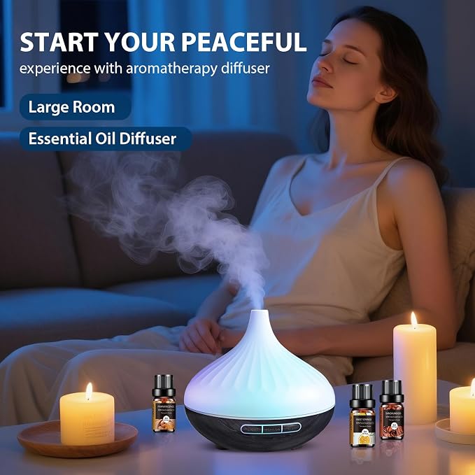 Aromatherapy Diffuser & 12 Essential Oils Set, 500 ML Ultrasonic Diffuser for Home, Cool Mist Humidifier with 14 Colour Changes, Timer and Auto-Off Function