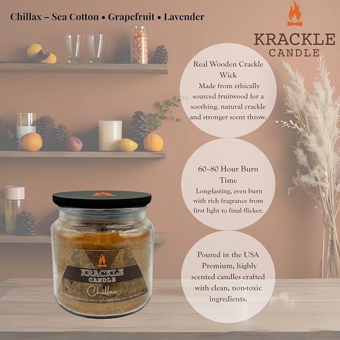 Krackle Candle | Chillax | 16 oz Scented Candle with Natural Crackling Wooden Wick | Poured in the USA | Sea Cotton, Grapefruit & Lavender Fragrance
