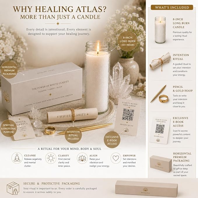 White Clarity Manifestation Candle Kit – 8" Ritual Prayer Candle with Intention Scrolls, Pencil & QR Guide for Clarity, Focus, Spiritual Growth & Mindfulness