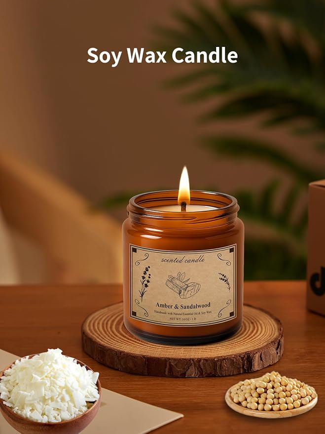 Scented Candles, 16oz Large Jar Soy Wax Candle – Amber & Sandalwood with Premium Plant Wax Blend for Consistent Burn, Aromatherapy Candle for Home Scented, Relaxation and Gift for Women/Men