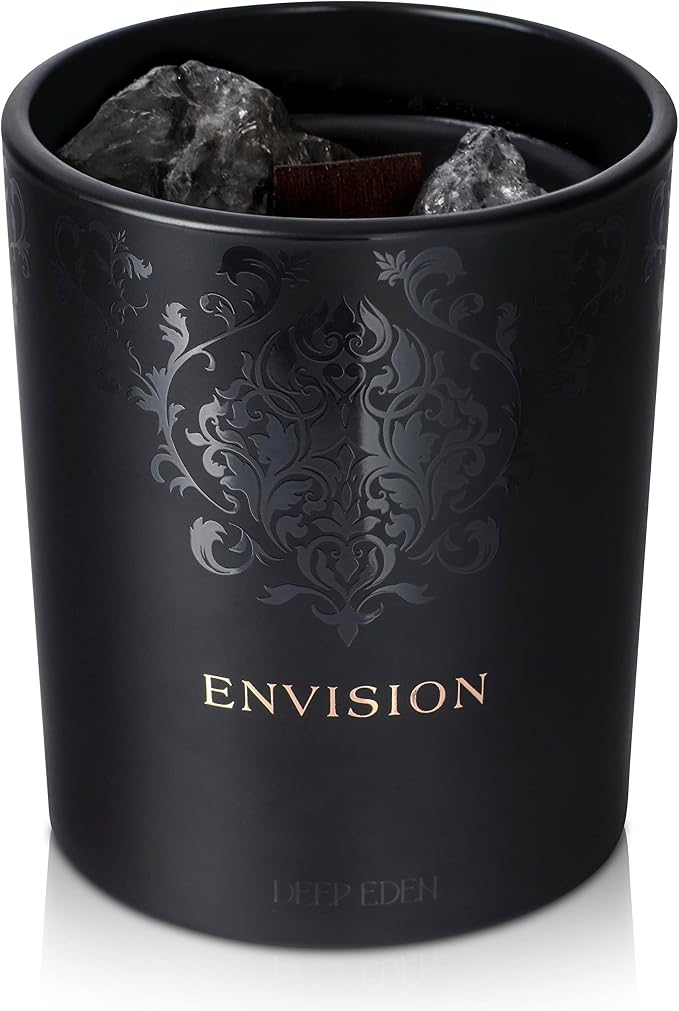 Black Orchid & Pine Moss Scented Crystal Candle - Luxury Manifestation Candle with Smoky Quartz and Clear Quartz Crystals - 7.4oz Natural Soy, Coconut & Beeswax, Wood Wick