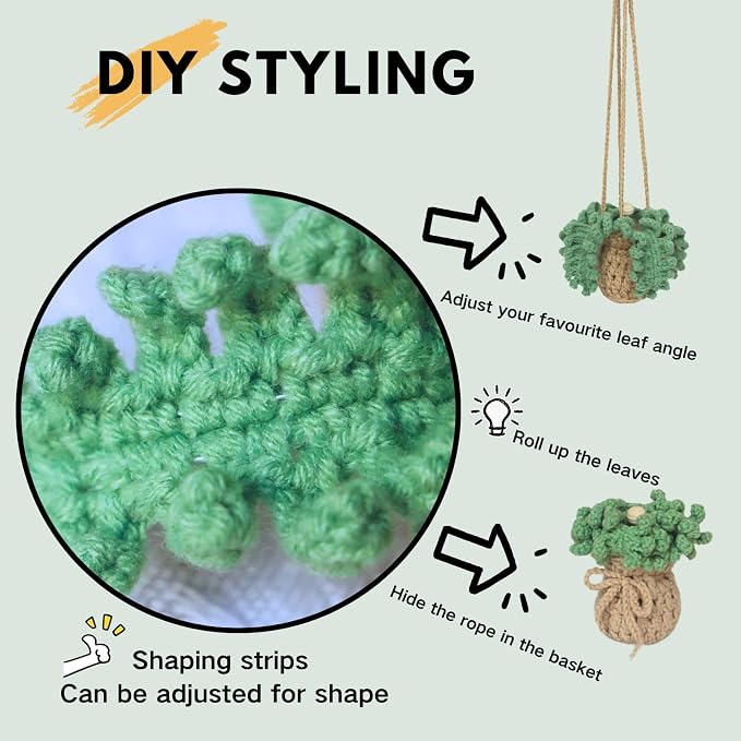 ROFIGL Handmade Crochet Hanging Car Air Freshener - Botanical Fern Leaf Design with 12ml Refillable Glass Essential Oil Bottle, Long-Lasting Car Diffuser & Nature-Inspired Decor