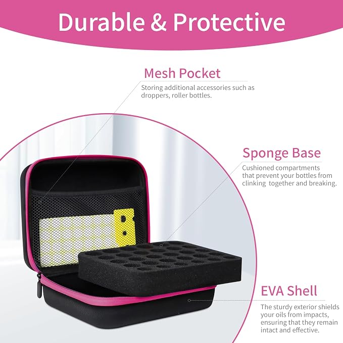 Essential Oil Storage Holder Organizer Carrying Case - 30 Bottles | Hard Shell Essential Oils Box Holds 5ml 10ml 15ml Bottle Travel Bag with Labels & Foam Insert for doTERRA & Young Living
