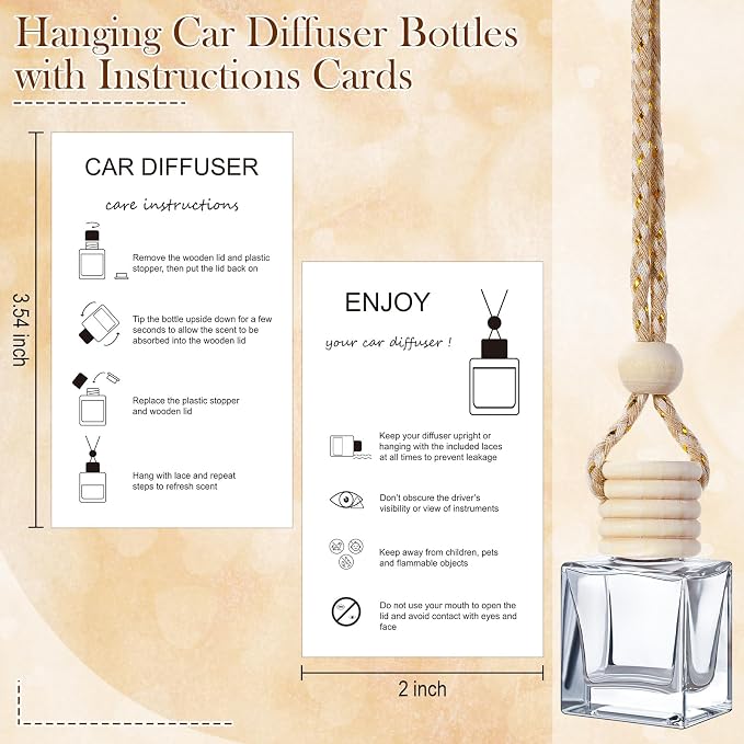 Boao 50 Sets Hanging Car Air Freshener Diffuser Bottles with 2 x 3.54 Inch Car Diffuser Instructions Cards for Empty Essential Oil Bottles(White Card,Flat Square)