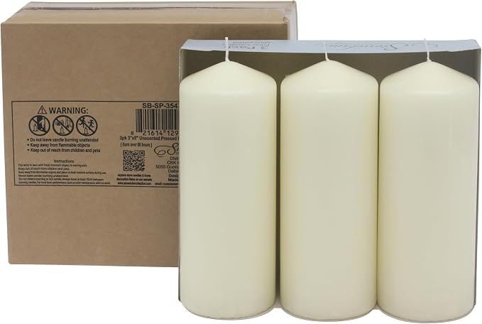 Stonebriar Unscented Pillar Candles – 80 Hour Burn Time, Long-Lasting Wax Candles for Weddings, Holidays, Home Décor & Special Events, Pack of 3, Ivory, 3" x 8"