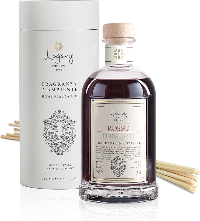 Logevy Firenze 1965 Rosso Perverso – Perverse Red Luxury Home Fragrance Diffuser from Master Perfumer in Italy with Floral & Fruity Notes in Elegant Glass Bottle with 10 Natural Bamboo Reeds – 250ml