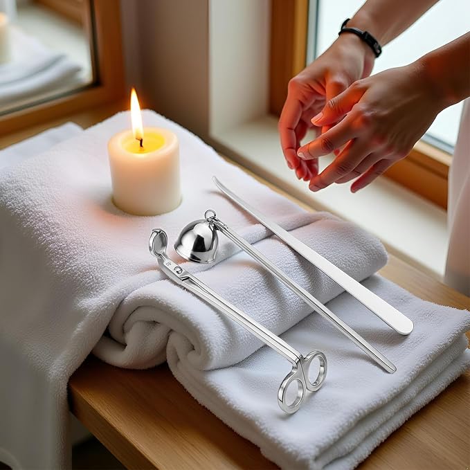 3 in 1 Candle Accessory Set, Candle Wick Trimmer Cutter, Snuffer, Dipper, Wick Care Kit with Trimmer, Dipper and Extinguisher (Silver)