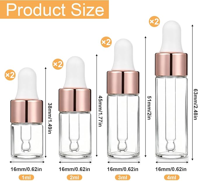 8 Pack Eye Dropper Bottle Rose for Essential Oils Mini Dropper Bottle Glass Vials Bottles Empty Travel Oil Droppings Bottles with Cap for Essence Liquid Cosmetic Containers (1ml, 2ml, 3ml, 4ml)