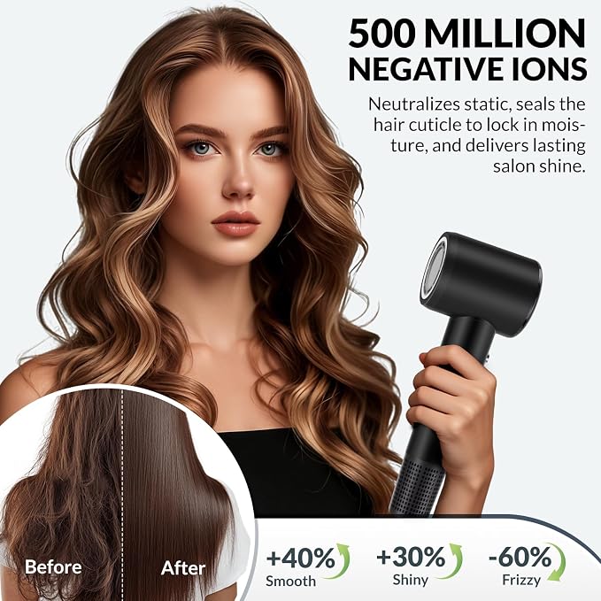 Chignon Hair Dryer with Diffuser, Ionic Travel Hairdryer with 160,000 RPM High-Speed Motor for Fast Drying, 1600W Lightweight Blow Dryer with Concentrator for Women Men, Professional Salon Home, Black