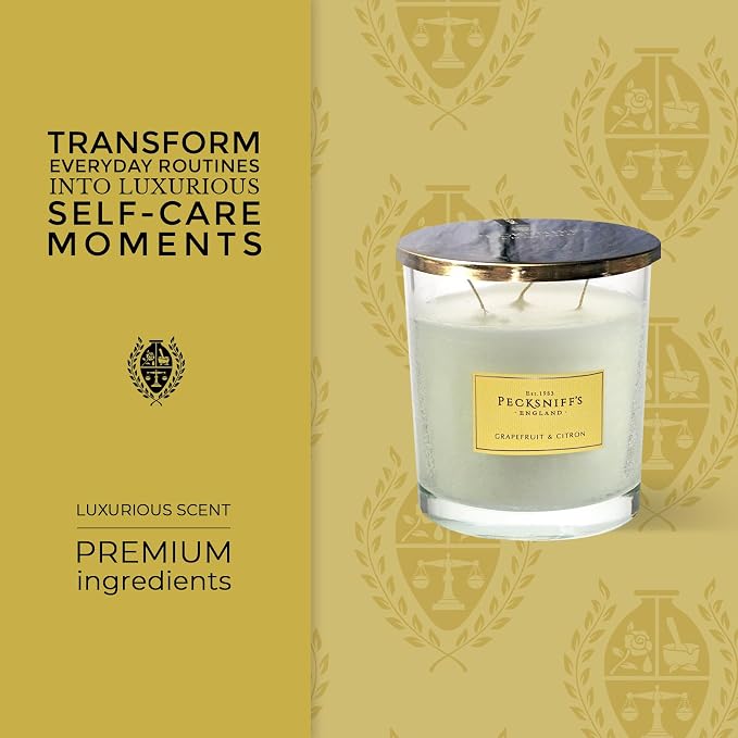 Pecksniffs Classic White Scented 3 Wick Candle | Grapefruit & Citron | Elegant Glass Vessel with Metal Lid Luxury Candles Grapefruit and Citron | 550g/19.4oz