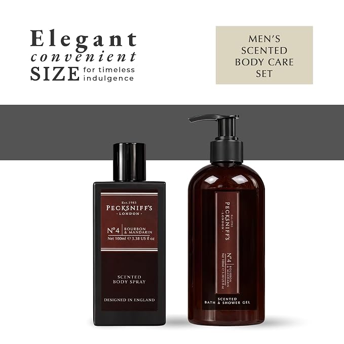 Pecksniff’s Men’s Body Duo Set – Bourbon & Mandarin Scented Bath & Shower Gel 250ml & Body Spray 100ml – Luxury Grooming Gift Set for Him