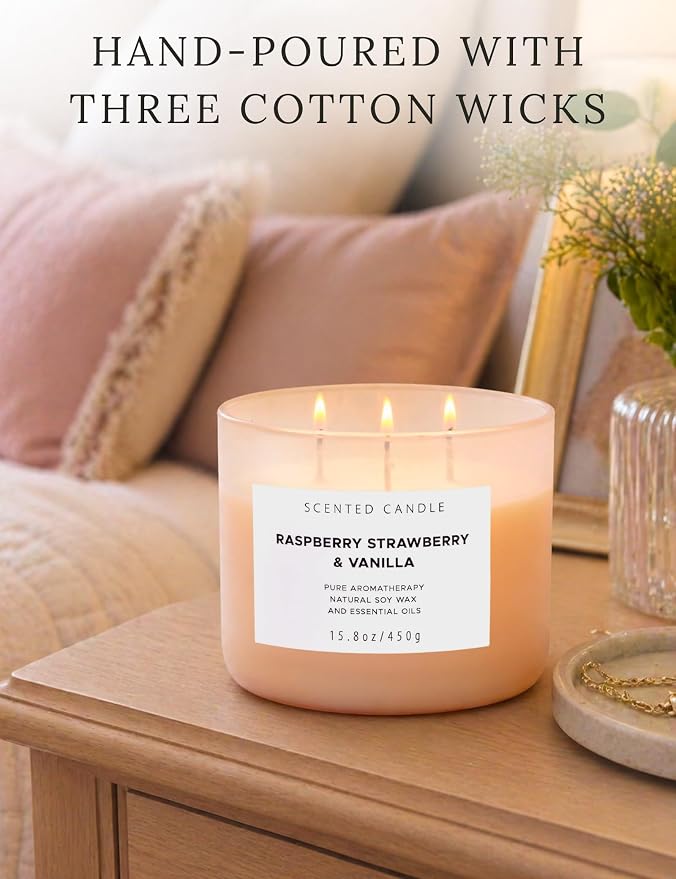 Raspberry Strawberry Vanilla 3-Wick Scented Soy Candle 15.8 oz | Large Sweet Berry Vanilla Scented Candle for Home | Relaxing Aromatherapy Candle | Strong Throw & Long Lasting