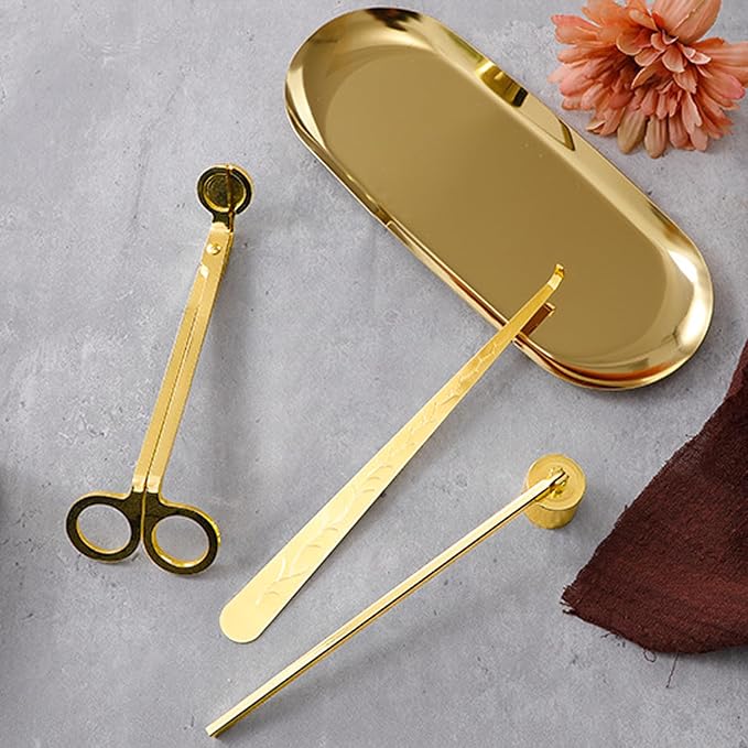 4 in 1 Candle Accessory Set, Candle Snuffer, Candle Wick Cutter, Candle Dipper, Storage Tray Plate, Candle Care Kit with Velvet Pouch for Candle Lover (Gold)