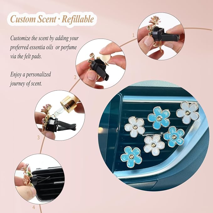 ORIESSE 6pcs Flowers Car Air Freshener Vent Clips Blue White Daisy Flowers Air Vent Clip Car Accessories for Women 3.3cm/3cm Refillable Daisy Decor Diffuser