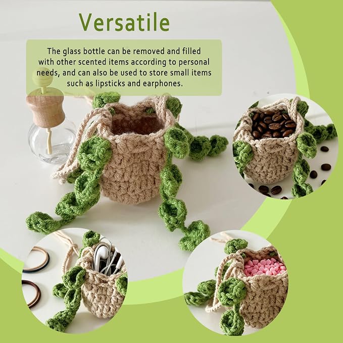 Crochet Car Essential Oil Diffuser, 10ml Refillable Essential Oil Bottle with Hanging Crochet Green Plant Ornament for Car Rear View Mirror, Home Office Air Freshener Decor