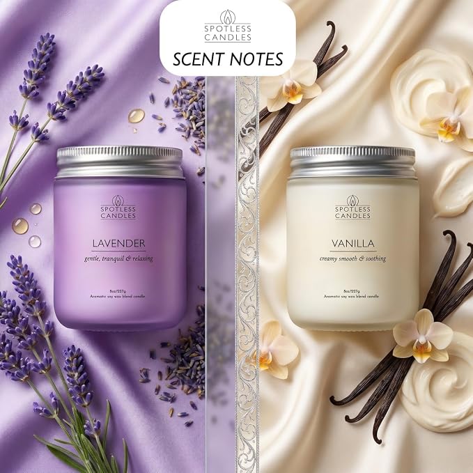Aromatic Candles Two Pack - 2 x 8 oz Lavender & Vanilla in a Gift Pack, Classic Candle Set for Men and Women by Spotless Leopard