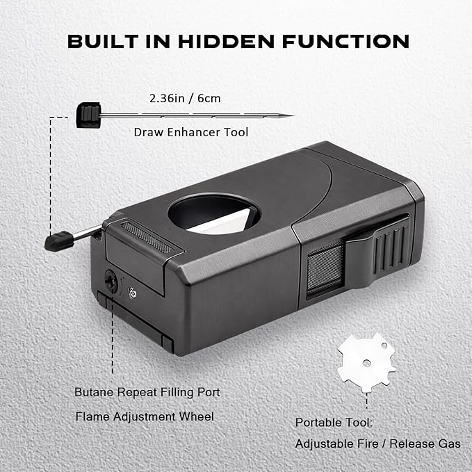 6-in-1 Triple Jet Butane Torch Lighter Built-in V & Straight Cutter, Punch, Holder, Draw Enhancer, Refillable Lighters and Windproof Gas Lighter for Candles, Cool Lighter for Men (No Gas)