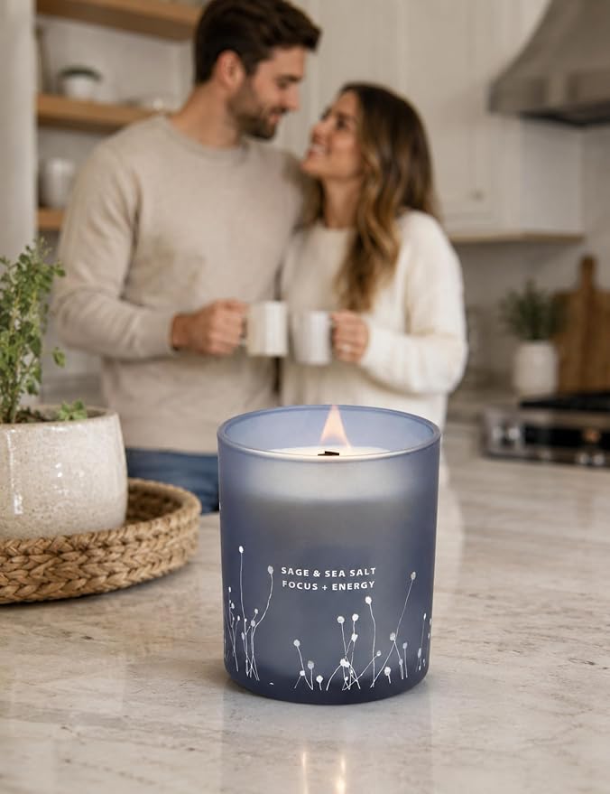 White Sage Sea Salt Wood Wick Soy Scented Candle, 10.6 oz | Sage Candle for Cleansing House | Aromatherapy Energy Cleansing Candle for Home, Meditation, Clean Burning Long Lasting