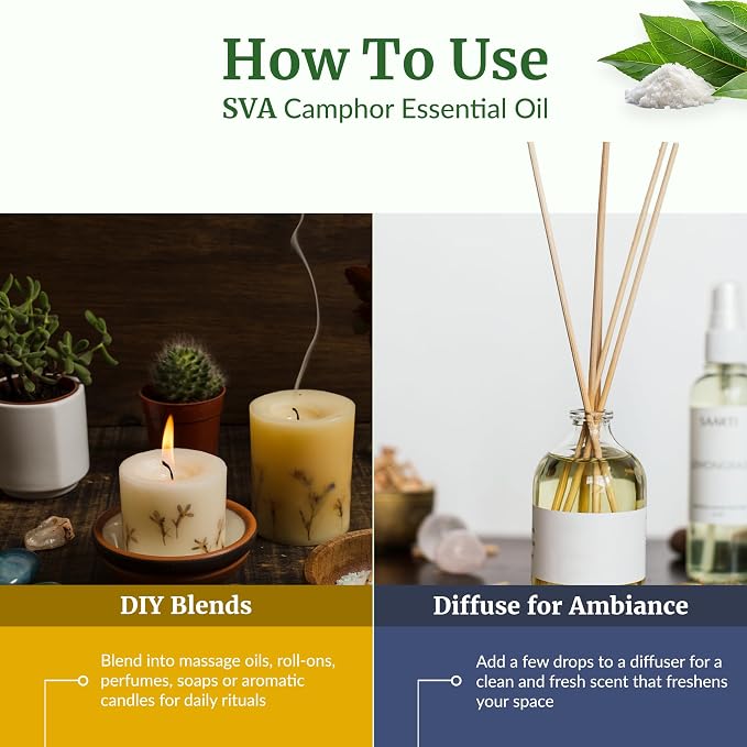 SVA Camphor Essential Oil – 16 Fl Oz – 100% Natural Camphor Oil - for Diffuser, Hair Care, Face, Skin Care, Aromatherapy, Scalp and Body Massage, Soap and Candle Making