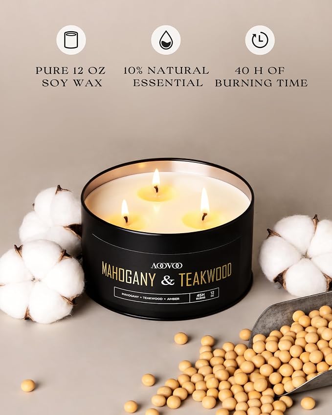 AOOVOO Mahogany Teakwood Candles for Men - 3 Wick 12oz Large Scented Candle, Long Lasting Soy Candles for Home Scented, Strong Fragranced Masculine Black Candle Gift for Father Day, Women & Men