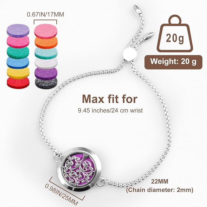 ttstar Essential Oil Diffuser Bracelet Stainless Steel Aromatherapy Locket Adjustable Diffuser Bracelet with 24pcs Refill Pads in 12 Assorted Colors Gift Set for Women(Tree of Hope)
