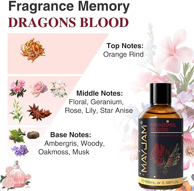 MAYJAM 100ML/3.38FL.OZ Dragons Blood Fragrance Oils with Glass Dropper, Essential Oils for Diffusers for Home, Long Lasting Scented Oils for Diffusers Soap Candle Making