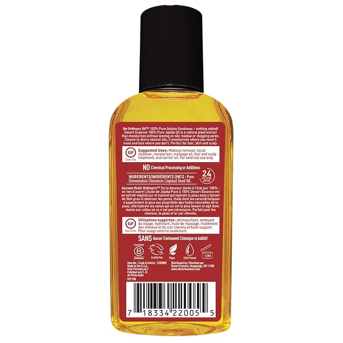 Desert Essence 100% Pure Jojoba Oil – 2 Fl Oz Moisturizer for Hair, Skin & Scalp | Makeup Remover & Aftershave Hydrator, Non-GMO, Vegan, Cold-Pressed, Anti-Flakiness & Non-Clogging Beauty Elixir