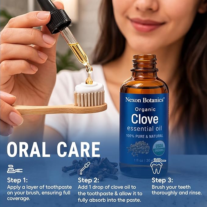 Organic Clove Essential Oil 30 ml - Pure, Natural, Undiluted for Toothache, Sore Muscles, Skin & Hair Care - Soothing Clove Bud Essential Oil - Nexon Botanics
