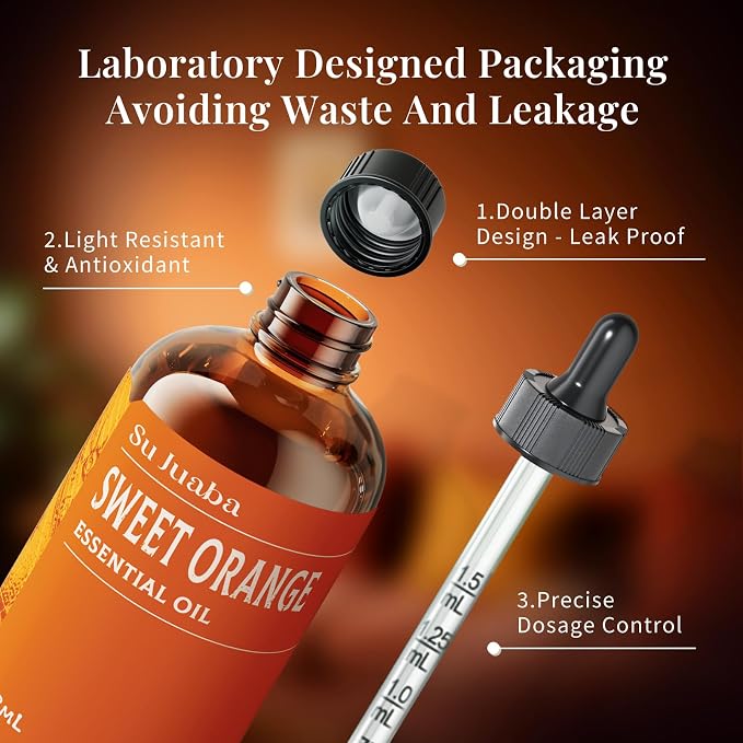 SU JUABA Orange Essential Oil 4 Fl Oz- 118ML | Citrus Scent for Mood Boost, Diffuser, Cleaning, Skin Care, Aromatherapy
