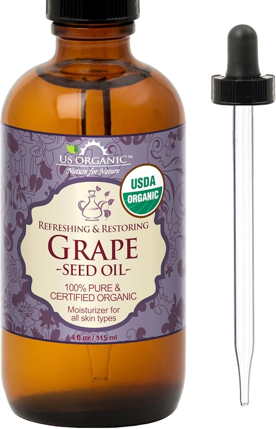 US Organic Grape Seed Oil, USDA Certified Organic, 100% Pure & Natural, Cold Pressed Virgin, Unrefined, in Amber Glass Bottle w/Glass Eye dropper for Easy Application (4 oz (115 ml))