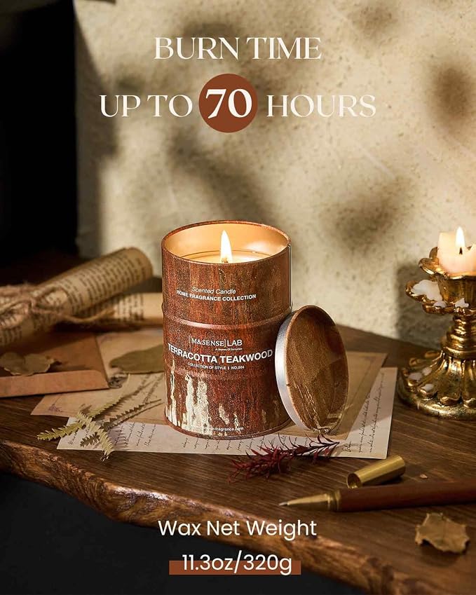 M&SENSE Terracotta Teakwood Scented Candles Christmas Decor,Natural Non Toxic, Aromatherapy Candle for Stress Relief Meditation Relaxing, Housewarming Gifts for Women Men, 11.3oz 70 Hour