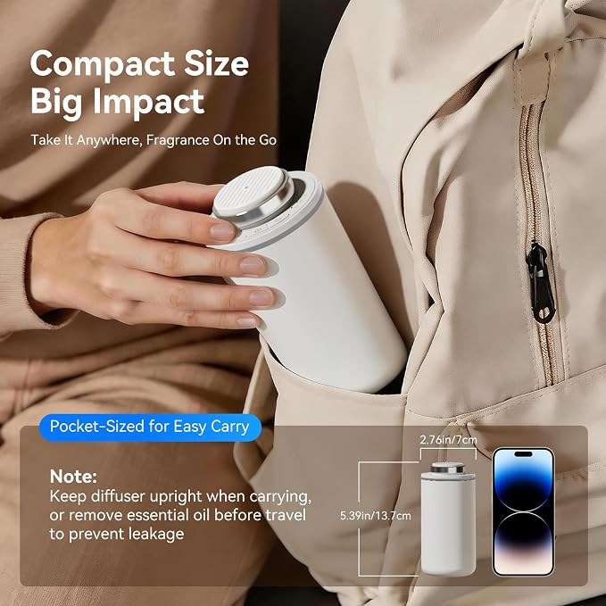 Home Scent Diffuser,Smart Waterless Oil Diffuser,15ml Portable Fragrance Machine with 3 Mist Modes & Timers,Dual Color LED Light,Compact Battery Operated Diffuser for Bedroom,Bathroom,Desk,White