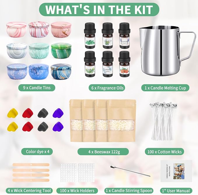 SUPERSUN Candle Making Kit for Adults, DIY Candle Making Supplies for Adults, Beginners, Include Beeswax, Candle Tins, Wicks, Essential Oils, Dyes, DIY Candle Making Set Gift for Christmas