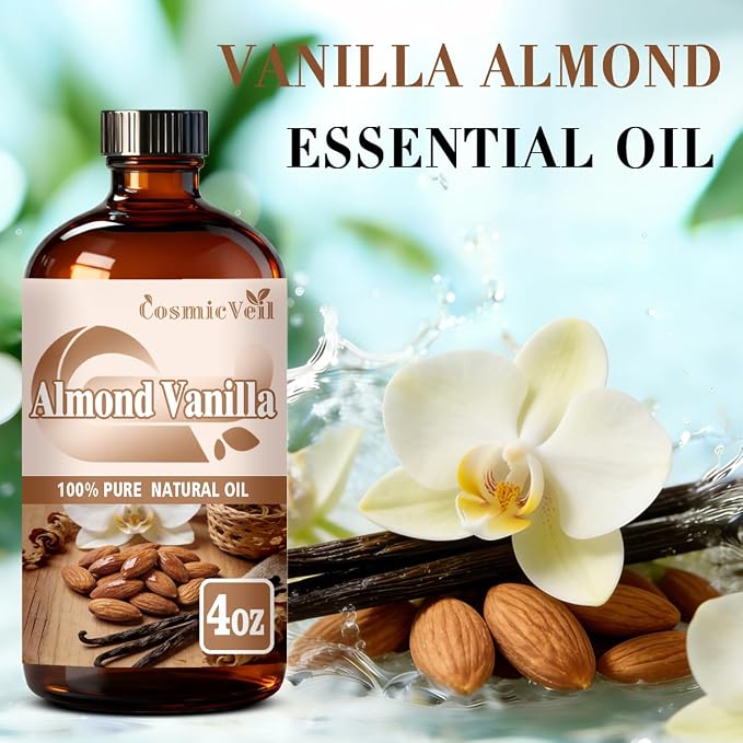 Almond Vanilla Essential Oil Almond Vanilla Oil for Aroma Diffuser,Humidifier,Home Fragrance,Cleaning,Body Care,Massage,Yoga,DIY Candle,DIY Soap CosmicVeil（Almond Vanilla，4 Fl Oz (Pack of 1)）