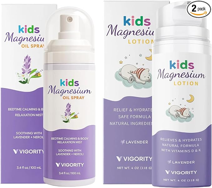 Kids Magnesium Lotion & Magnesium Sleep Spray Set - Calming Lavender Magnesium Oil Spray for Kids Bedtime + Soothing Body Lotion for Nighttime Legs & Feet Comfort, Aromatherapy Lavender & Neroli